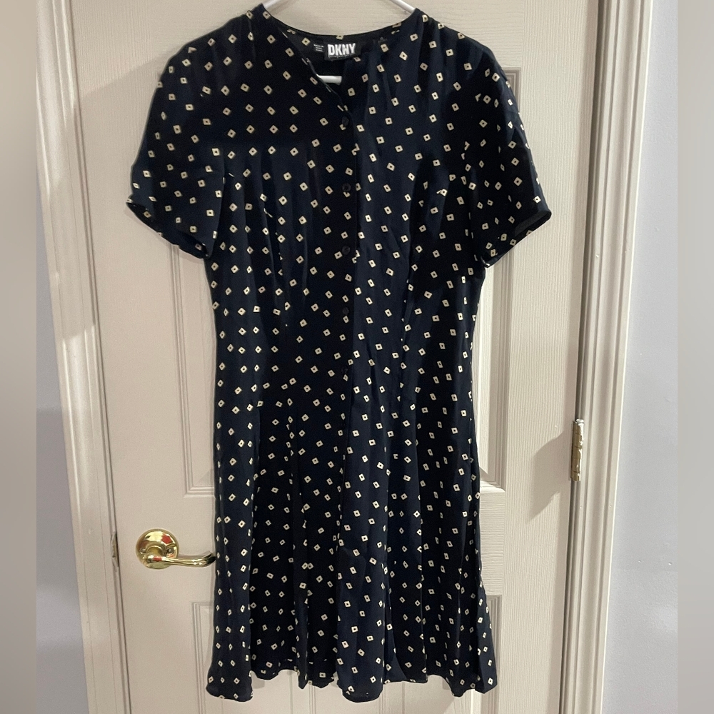 DKNY Donna Karan Womens Vintage  100% Silk Short Sleeve Print Midi Dress Size 10
